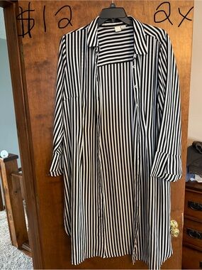 Black & White Vertical Stripe Button-Up Duster